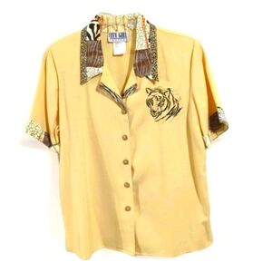 Elegant Embroidered Tiger on Linen City Girl Petite Womens Blouse Size 10P SS